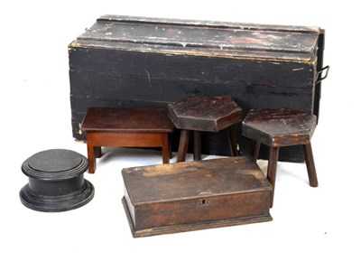 Lot 741 - Pine ammunition style trunk together with a quantity of boxes, stools, etc