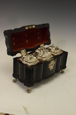 Lot 71 - Set of George II silver tea canisters and sugar box in fitted ebonised case