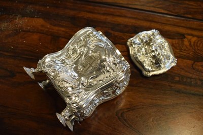 Lot 71 - Set of George II silver tea canisters and sugar box in fitted ebonised case