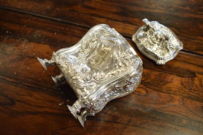 Lot 71 - Set of George II silver tea canisters and sugar box in fitted ebonised case