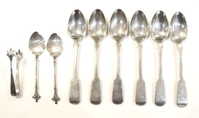 Lot 191 - Set of six Victorian silver Fiddle pattern teaspoons, together with a pair of spoons and tongs