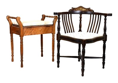 Lot 602 - Edwardian inlaid corner chair, together with a piano stool