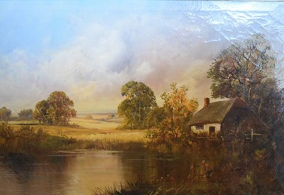 Lot 386 - Francis E. Jamieson (1895-1950) - Oil on canvas - Thatched lakeside cottage