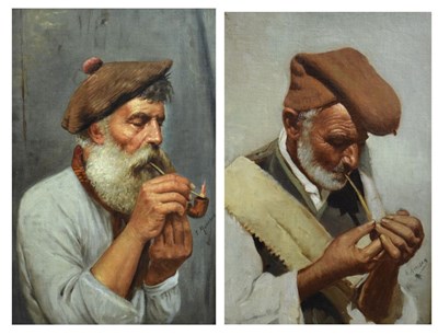Lot 401 - Salvatore Maresca (Italian circa 1900) - Oil on board - Pair of studies of pipe smokers