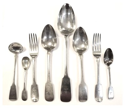 Lot 200 - Matched set of mainly Georgian and Victorian Irish silver Fiddle pattern flatware