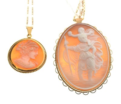 Lot 93 - Two cameo pendants and chains, 21.1g gross approx