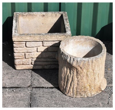 Lot 661 - Square brick effect Sandford Stone garden planter, together with a tree-trunk effect planter