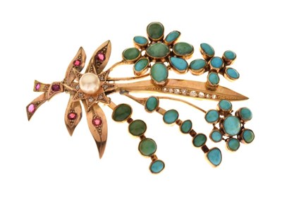 Lot 27 - Yellow metal, turquoise, pearl ruby and diamond chip-set spray brooch