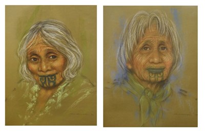 Lot 636 - Kristin Zambueka - Pair of pastels - Portraits of Maori women, plus book