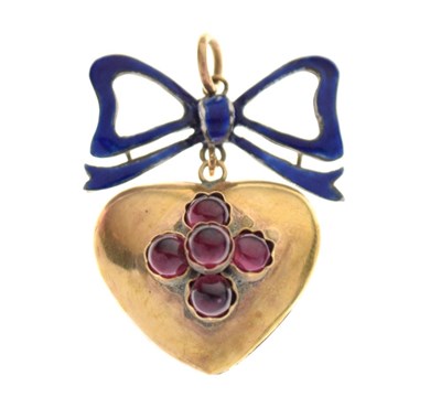 Lot 92 - Yellow metal (9ct) & blue enamel bow and heart pendant
