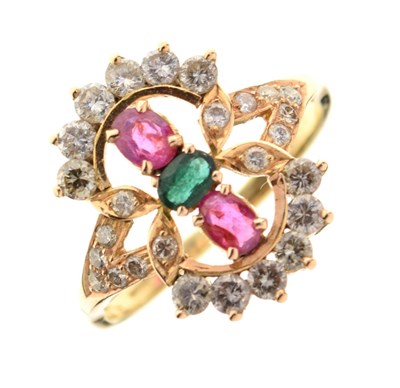 Lot 25 - Diamond, ruby and emerald dress ring