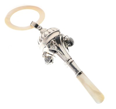 Lot 140 - George V silver rattle, with mother of pearl teether and handle