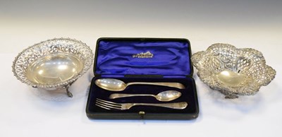 Lot 141 - Two silver bonbon dishes, together with an early 20th Century cased christening set