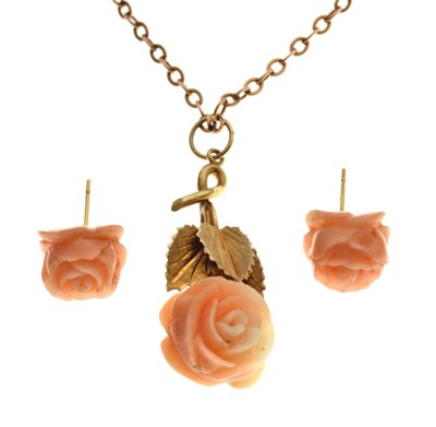 Lot 35 - 9ct gold rose-carved coral pendant, chain, and pair of matching ear studs