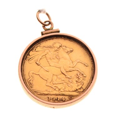Lot 113 - George V gold sovereign  1914, in yellow metal mount, 9.6g gross approx