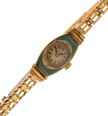 Lot 95 - Lady's 18k yellow metal and enamel wristwatch