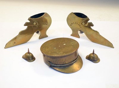 Lot 226 - Trench art shell cap 1917, together with two naval brass shoe ornaments stamped 'HMS Digby'