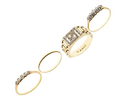 Lot 26 - Two unmarked yellow metal five-stone diamond rings