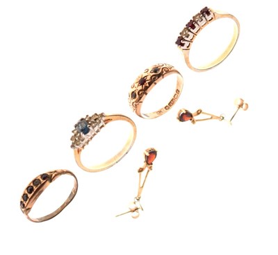 Lot 27 - 9ct gold gypsy set ring, three dress rings, and a pair of 9ct gold drop earrings