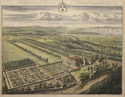 Lot 483 - Early 18th Century coloured engraving - Bird’s eye view of Kingsweston House