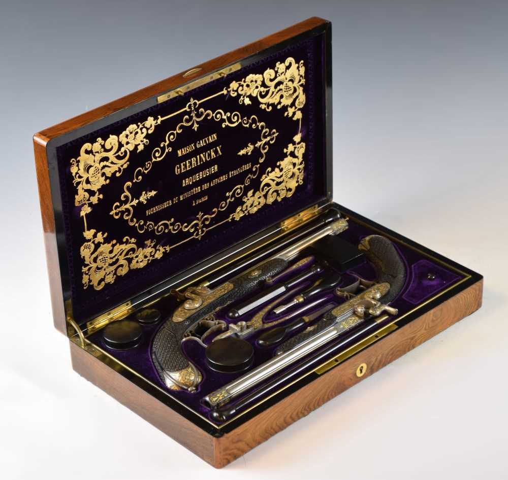 Lot 226 - Fine cased pair of French percussion duelling pistols by Geerinckx, Paris