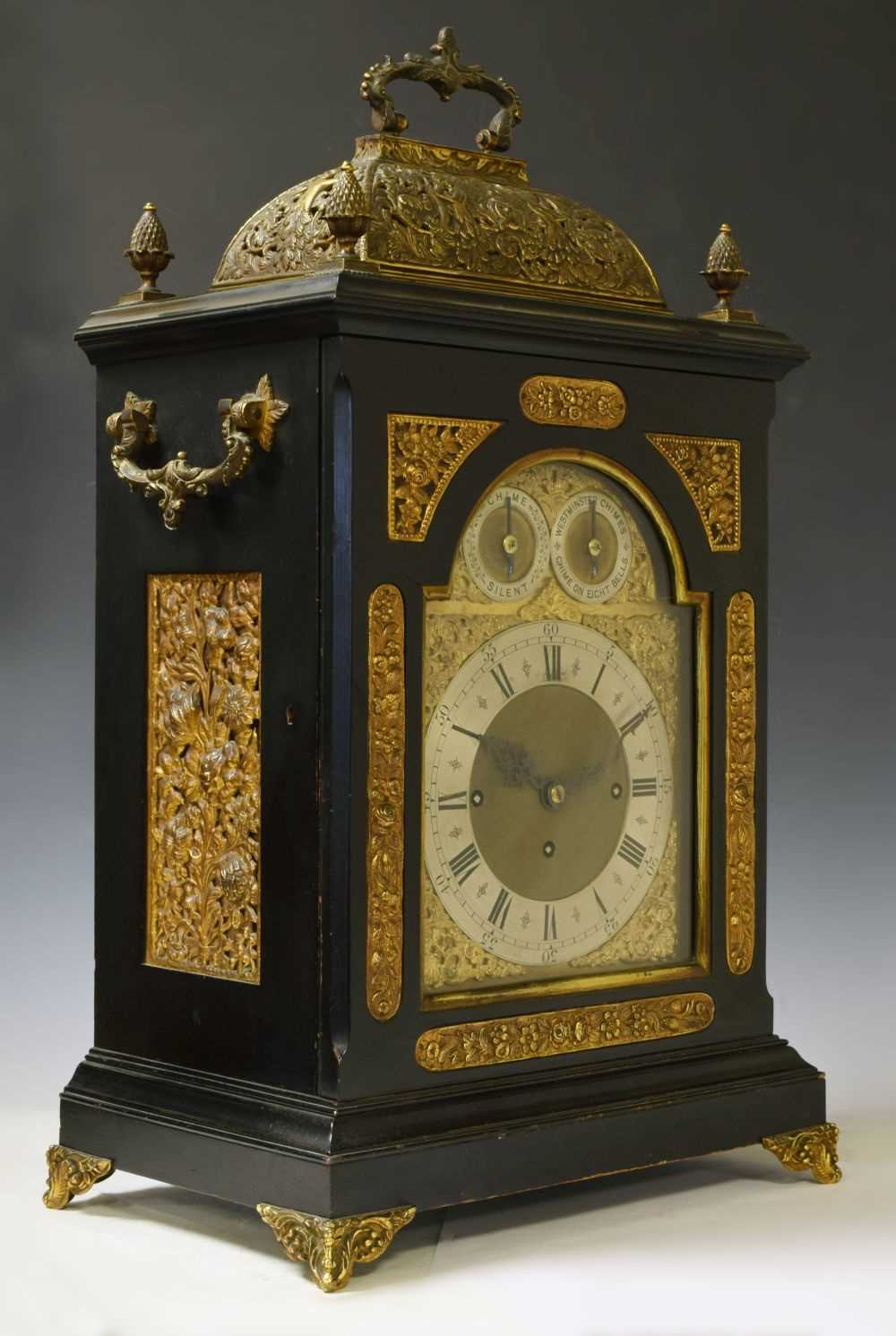 Lot 462 - Victorian ebonised triple fusee table clock
