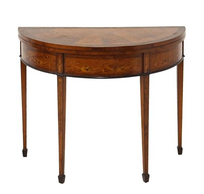 Lot 551 - Edwardian George III-style inlaid satinwood and rosewood demi-lune foldover card table