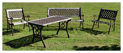 Lot 778 - Suite of cast metal and slatted wood garden furniture