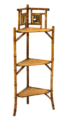 Lot 674 - Victorian bamboo framed corner 'what-not' fitted two square mirror panels