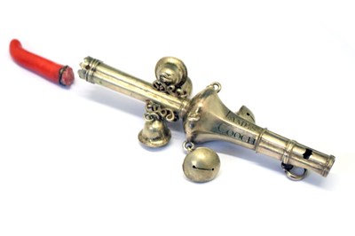 Lot 101 - 18th Century silver child's rattle and whistle with coral branch teether