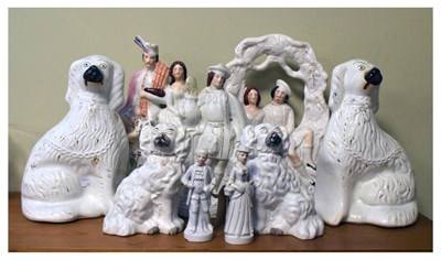 Lot 539 - Assorted Staffordshire pottery figures, largest 36cm high
