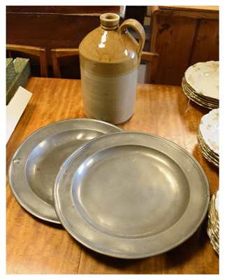 Lot 537 - Pair of antique pewter plates, and a stoneware flagon