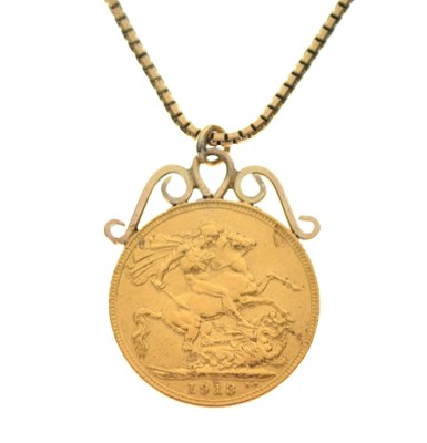 Lot 39 - Coins - George V gold sovereign, 1913, on box-link chain