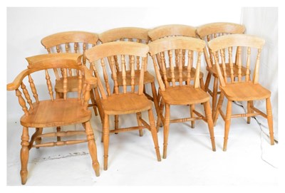 Lot 556 - Eight pine lath-back kitchen chairs