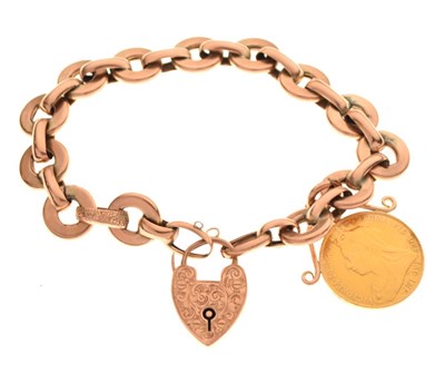 Lot 54 - Belcher link bracelet, the heart shaped lock stamped '9ct', attached a Victorian sovereign 1898