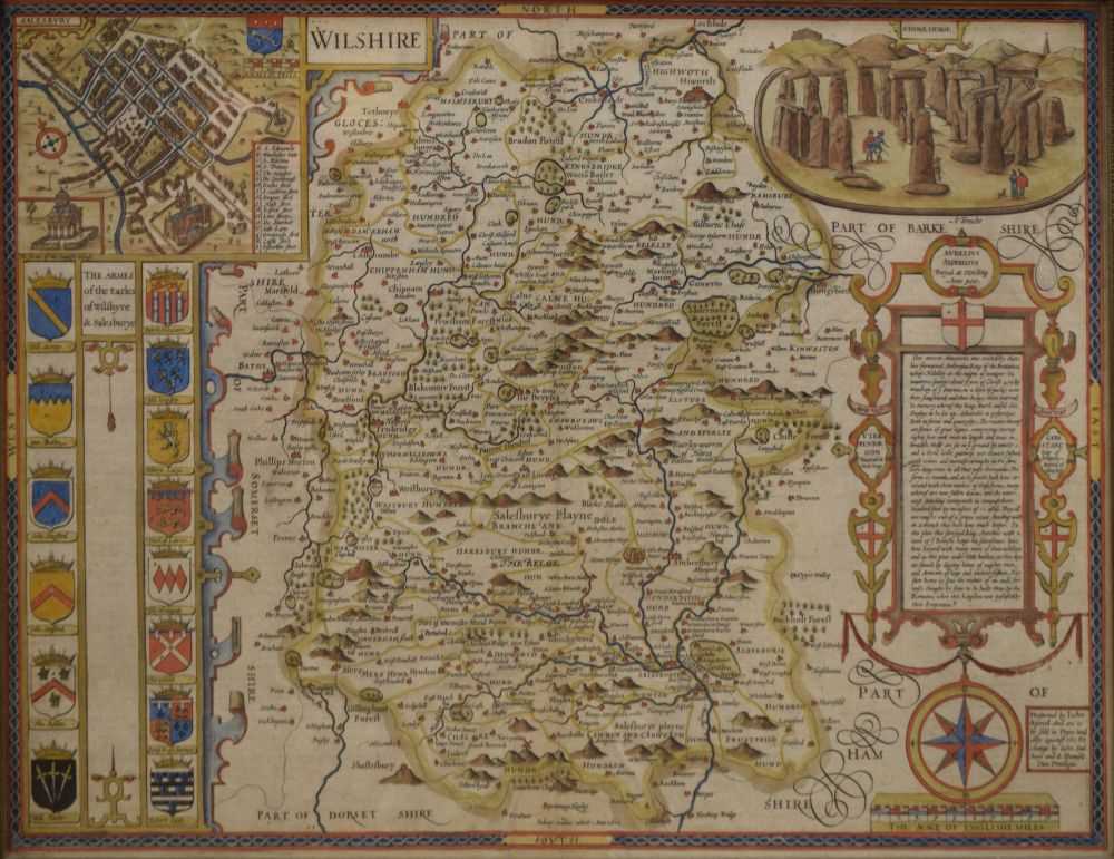 Lot 335 - John Speed, 17th Century hand-coloured engraved map of Wiltshire: Wilshire, circa 1610