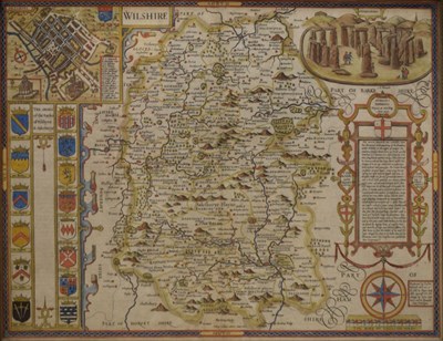 Lot 335 - John Speed, 17th Century hand-coloured engraved map of Wiltshire: Wilshire, circa 1610