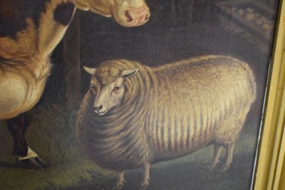 Lot 370 - Lucas Beattie (British, 19th Century) - Oil on canvas - Prize dairy shorthorn and sheep