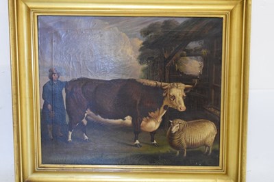 Lot 370 - Lucas Beattie (British, 19th Century) - Oil on canvas - Prize dairy shorthorn and sheep