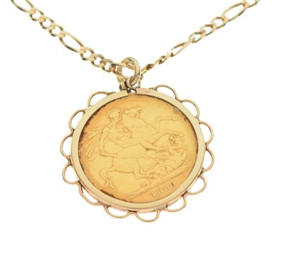 Lot 40 - Coins - Victorian gold sovereign 1880, within yellow metal mount, on a 9ct gold Figaro chain