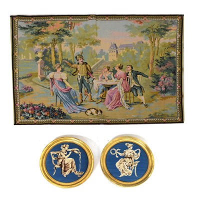 Lot 500 - Two machine woven tapestries, and pair of circular needlepoint panels (4)