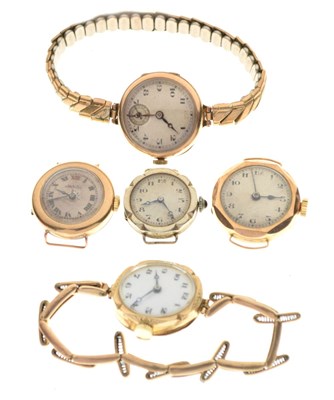 Lot 114 - Five lady's 9ct gold watch heads