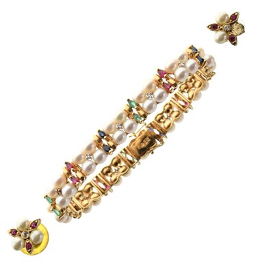 Lot 21 - Cultured pearl, diamond, ruby, sapphire and emerald bracelet