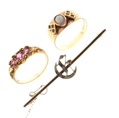 Lot 82 - Swedish 18ct gold opal ring, 9ct gold ruby ring, and diamond set brooch