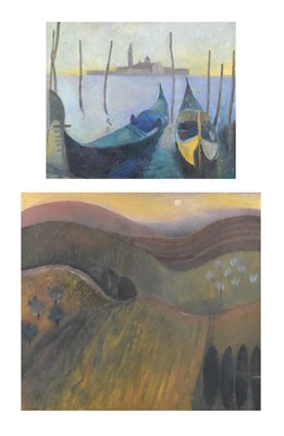 Lot 412 - Susan Caines  (British, b. 1935) - Gondola & View of San Giorgio and Landscape