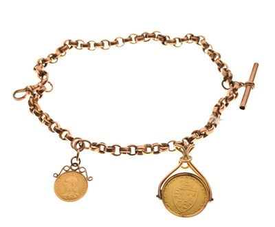 Lot 58 - Unmarked yellow metal watch Albert chain with half sovereign and spade guinea