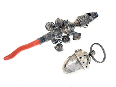 Lot 102 - 19th Century child's white metal rattle with coral teether, and acorn rattle (2)