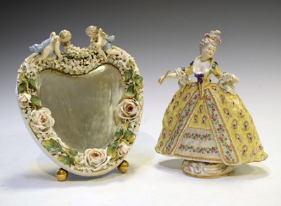 Lot 318 - Dresden heart shaped mirror and a Continental porcelain figure of a lady