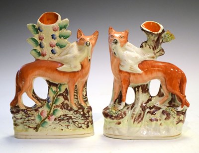 Lot 278 - Victorian Staffordshire pottery flat back fox spill vases