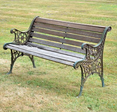 Lot 598 - Green painted metal and slatted teak bench